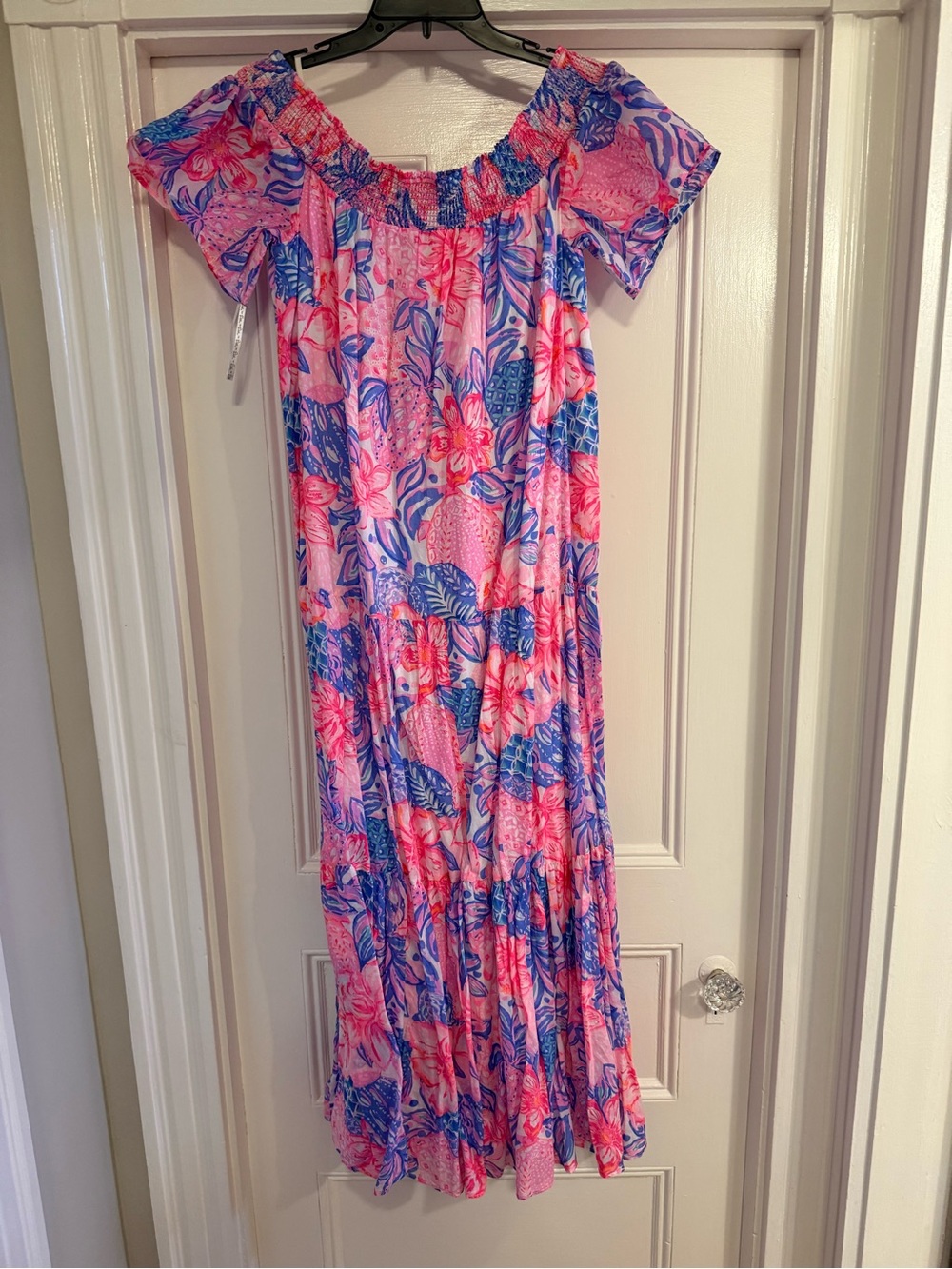Lilly Pulitzer Pink & Blue Floral Off-Shoulder Midi Dress